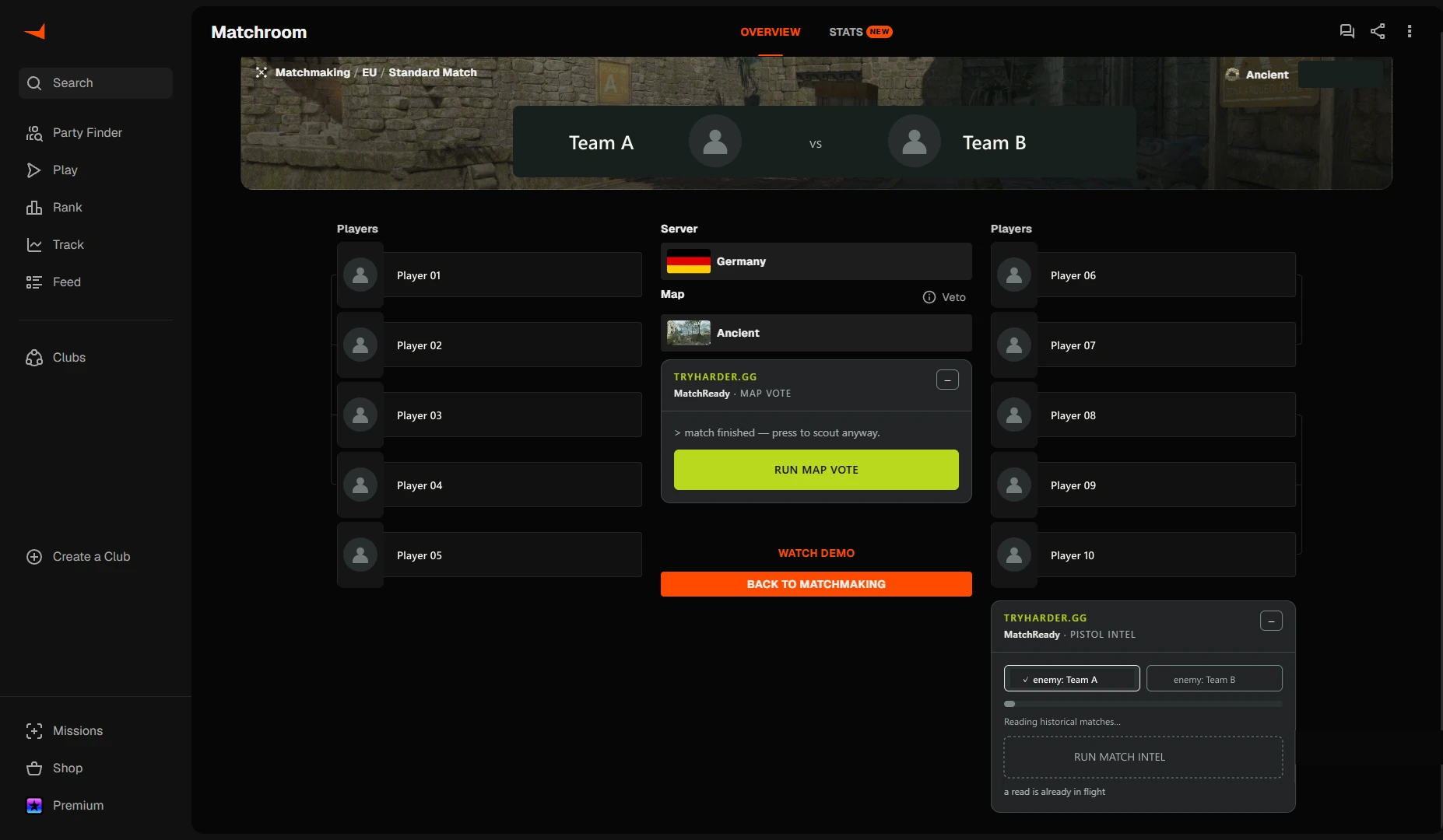Actual FACEIT matchroom screenshot with its navigation, Ancient map banner, anonymised team rosters and the Tryharder MAP VOTE and PISTOL INTEL panels in a neutral reading state.